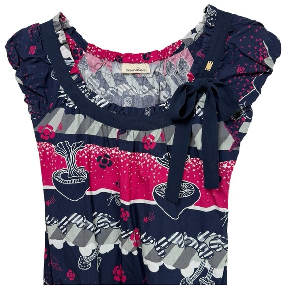 DKNY Mushroom Print Babydoll Dress Size Small Cotton Navy Pink Y2K - Picture 2 of 9